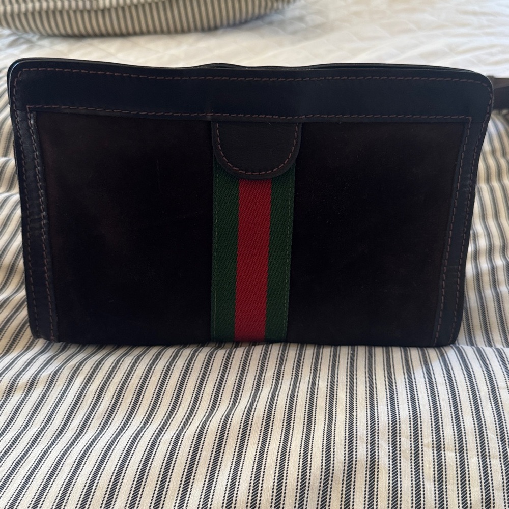 Vintage Gucci Brown Suede Sherry Line Clutch EUC,unbrand strap D rings 1980s